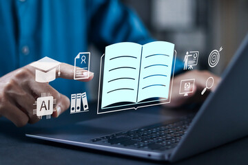 AI in E-learning platform concept. online education, webinars, scheduling, distance learning via video tutorials and recorded classes. Businessman use laptop with virtual icon.