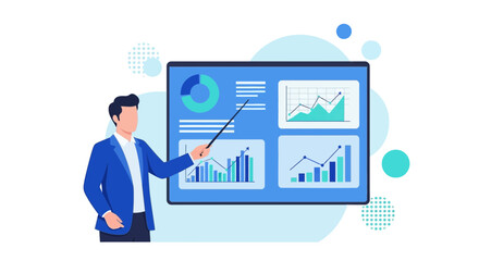 Data Analytics Presentation With Business Man Displaying Charts Figures And Information