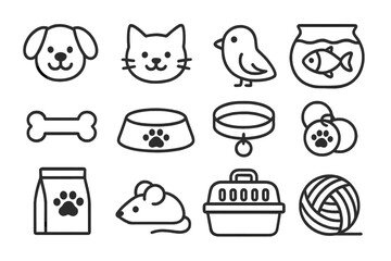Simple outline icons of pets and accessories, vector cartoon illustration, dog, cat, bird, fish, pet bone, food bowl, collar, tags, food bag, mouse toy, carrier, yarn ball, transparent background