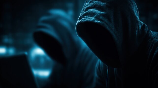 Two figures shrouded in shadow, cloaked in hooded attire, their identities concealed, exude an aura of mystery and intrigue. ..Created with Generative AI, not depicting real subjects. - Powered by Adobe