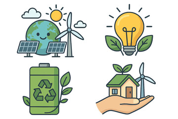 Green energy icon set with solar panels, wind turbine, earth, and recyclable battery. Sustainable power and eco friendly home concept. Vector cartoon illustration for ecology.