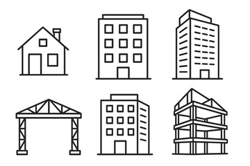 Building outline icon set. House, office, skyscraper, structure, frame, construction site. Vector line art illustration. Architecture, real estate, urban development, property concepts.