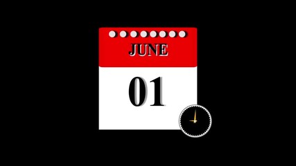 4K calendar animation June 01 date animation. clock and black background clean and stunning 4k animation.