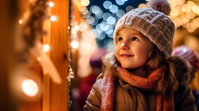 Winter holiday market scene with child gazing at glowing festive stalls, snowy seasonal atmosphere decorated with twinkling lights and ornaments symbolizing Christmas spirit