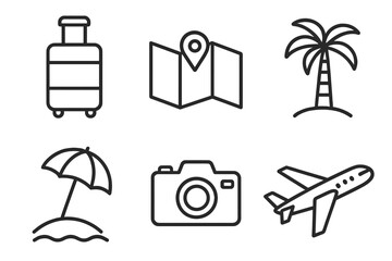 Travel icon set in linear style including suitcase, map with location pin, palm tree, beach umbrella, camera, airplane, vector cartoon illustration, transparent background, ordered collection