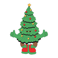 Cute tree christmas mascot retro character cartoon icon illustration