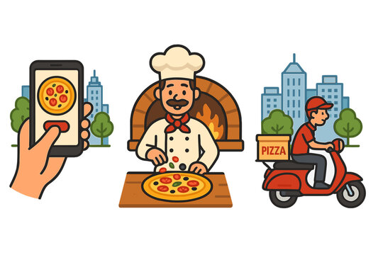 Pizza delivery service process steps. Man orders food online via mobile app, chef cooks in restaurant kitchen, courier on scooter delivers. Vector cartoon illustration.