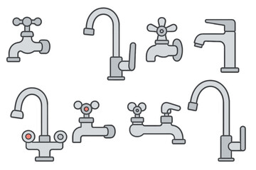 Various faucet designs showcasing different styles and functionalities, minimalist vector cartoon illustrations, plumbing fixtures, water taps with handles and levers, home and kitchen faucets