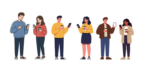 Diverse group using smartphones and holding coffee