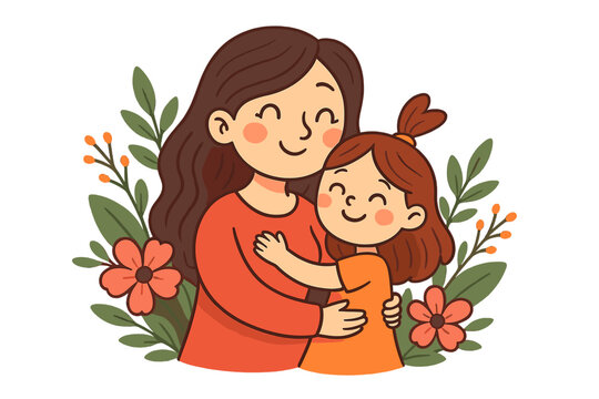 Happy Mother's Day vector illustration. Cute cartoon of a loving mom and daughter hugging. Beautiful family love concept with floral decoration for a greeting card or poster.