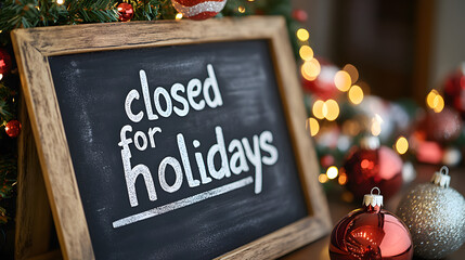 Chalkboard sign reading closed for holidays decorated with Christmas ornaments and lights, festive office shutdown symbolizing seasonal break, winter vacation, and holiday closure