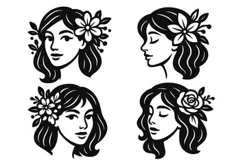 Stylized black and white line art vector set of women’s faces with floral and leaf decorations, elegant cartoon portraits, feminine beauty illustrations, transparent background