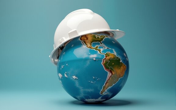 World Day for Safety and Health at Work concept.The planet Earth and the helmet symbol of safety and health at work place. Safety and Health at Work concept. High quality