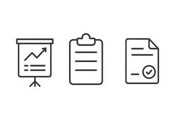 Business icons presentation chart clipboard contract. Office work concept. Document management. Project report. Growth graph success. To do list. Agreement deal. Line icon set.