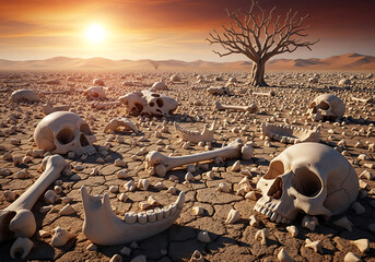 A desolate desert landscape with scattered human skulls and bones under a dramatic sunset, symbolizing death and drought