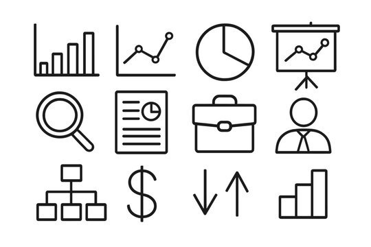 Minimalistic black and white business data icons set with charts, graphs, magnifying glass, briefcase, dollar sign, organizational chart, presentation board, and user silhouette, vector illustration