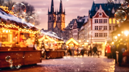 Naklejka premium Magical winter holiday scene with soap bubbles drifting through air, blurred Christmas market in background creating dreamy festive atmosphere full of joy and seasonal cheer