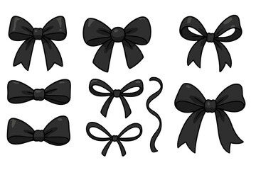 Various black ribbon bows for gifts and decorations, elegant versatile bow collection for different occasions, vector cartoon illustration set, decorative ribbons, festive accessory