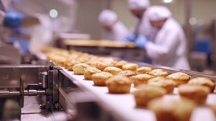 A busy bakery production line showcases freshly baked muffins, with staff in white uniforms working diligently.