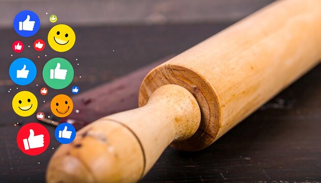 Rolling Pin Surrounded by Social Media Icons on a Rustic Dark Surface