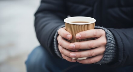 Close-up of hands holding a disposable coffee cup, warmth and comfort in a cold setting.