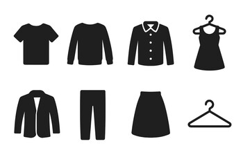 Clothing icon set. Minimalist wardrobe silhouettes. Fashion apparel vector collection. Garment symbols for web, app design. T-shirt, dress, pants, jacket, hanger icons.