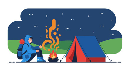 Fototapeta premium A Lonely Camper Sits Near A Campfire Under The Dark Night's Sky Illustrative Scene