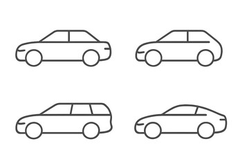 Fototapeta premium Set of car icons in thin line style. Different car body types: sedan, hatchback, station wagon, coupe. Vector illustration of transport symbols. Minimalist vehicle outlines.