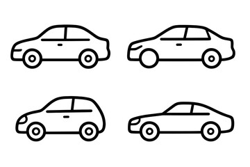 Car icon set vector line art. Minimalist outline illustration of different automobiles. Vehicle profiles including sedan, coupe, and hatchback for transport or traffic concepts.