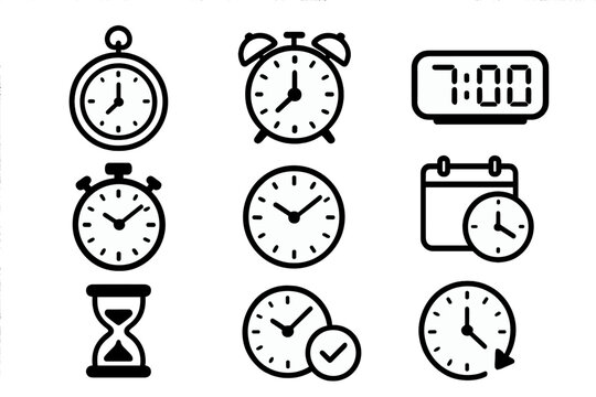 Various Clock Icons Collection Showing Different Timekeeping Devices and Functions in Minimalist Style, Vector Cartoon Illustration with Transparent Background