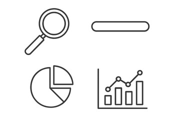 Data analytics and business intelligence line icon set. Editable stroke. Search, progress bar, pie chart, and graph symbols for statistics, reports, and data visualization.