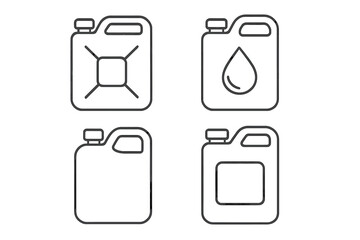 Jerry can outline icon set for fuel, water, and liquid storage. Minimalist line art vector of petrol, diesel, and gasoline canisters. Gallon jug container symbols for industry.