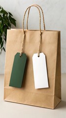 Brown paper shopping bag with two blank gift tags attached