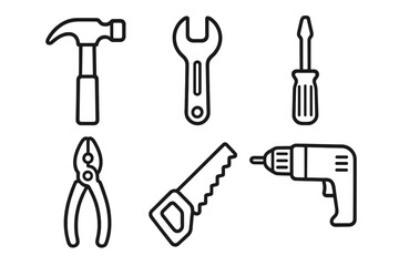 Obraz premium Simple vector tool icons set with hammer, wrench, screwdriver, pliers, saw, drill in clean linear style, cartoon illustration, transparent background, ordered toolkit collection