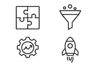 Business process icon set. Data analytics, startup launch, sales funnel, problem solving. Linear puzzle, gear, rocket symbols for growth, marketing strategy and optimization.