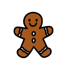 Gingerbread Man, A brown cookie shaped like a smiling person, decorated with icing and buttons, a popular holiday treat.