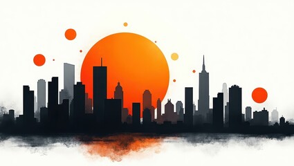 A vibrant cityscape silhouette, featuring large, bold orange circles and a textured background, evokes a modern artistic perspective.