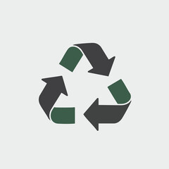 A minimalist graphic illustration of the universal recycling symbol in dark gray and green against a light gray background.