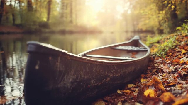 Serene Autumn Canoe Adventure by the Water Surrounded by Leaves.