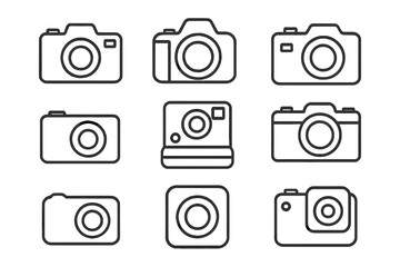 Camera icon set. Collection of photography symbols in minimalist black line art. Vector graphic elements for design. DSLR, instant, and digital photo equipment pictogram outline.