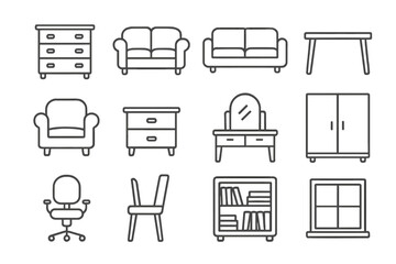 Furniture line icon set. Home interior design elements. Editable stroke vector pictograms. Couch, sofa, chair, table, wardrobe, bookshelf symbols for web, ui, ux, app.