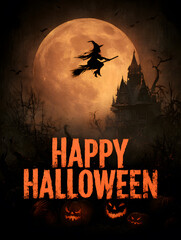 An atmospheric Halloween illustration featuring a witch on a broomstick, a full moon, a haunted house, and glowing pumpkins. Perfect for posters, invitations, and digital content.