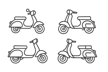 Obraz premium Classic scooter line art set. Retro moped vehicle vector illustration collection. Minimalist transport icons for delivery service or Italian vintage culture concepts. Simple outline design.