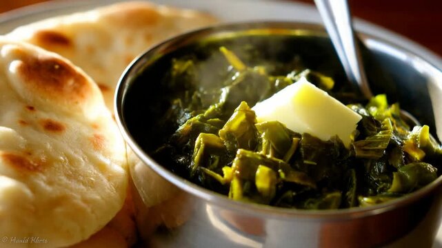 Delicious Steaming Saag Paneer Served With Warm Naan Bread