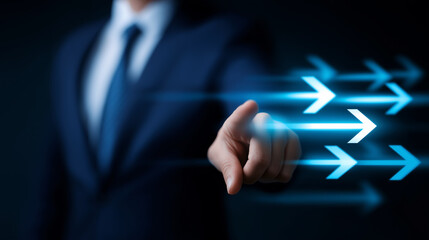 Businessman touching glowing digital arrows representing progress. 
