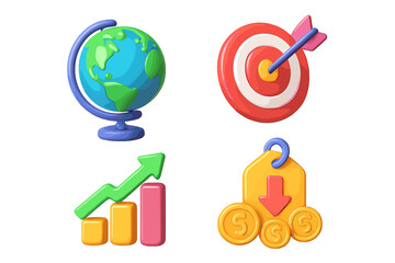 Colorful 3d business icons set for global strategy, marketing goals, and financial growth. Vector illustration with globe, target, sales graphics, and price reduction symbols.