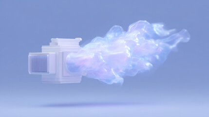 Carbon dioxide removal concept with futuristic device emitting glowing vapor in soft blue background for clean air innovation