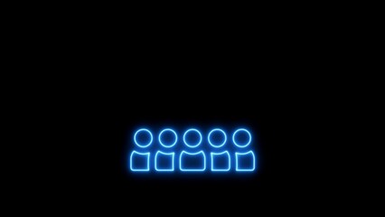 Neon blue glowing group of people icon on black background depicting teamwork or unity.
