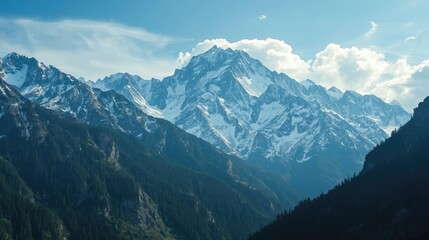Majestic snow-capped mountains rise dramatically against a vibrant blue sky, showcasing rugged peaks and lush valleys.