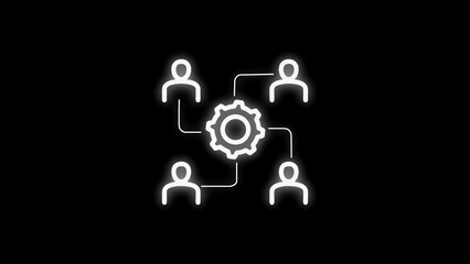 Teamwork and collaboration represented by connected people and gear symbol on black background